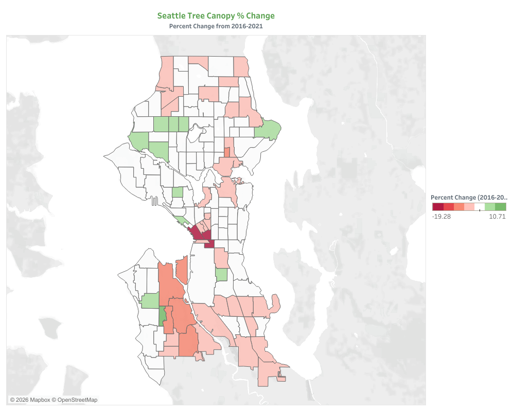 Seattle Tree canopy color-coded map by percent change