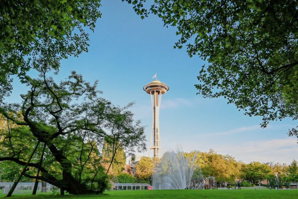 View of Seattle Space Needle through trees